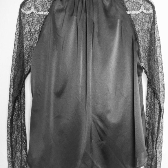 Jonathan Simkhai Satin Tie Neck Chantilly Lace Sleeve Wrap Black Blouse XS - Picture 7 of 12